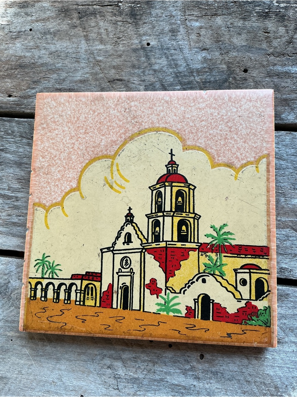 Vintage California Mission painted 4” tile +extra tile made in Mexico midcentury